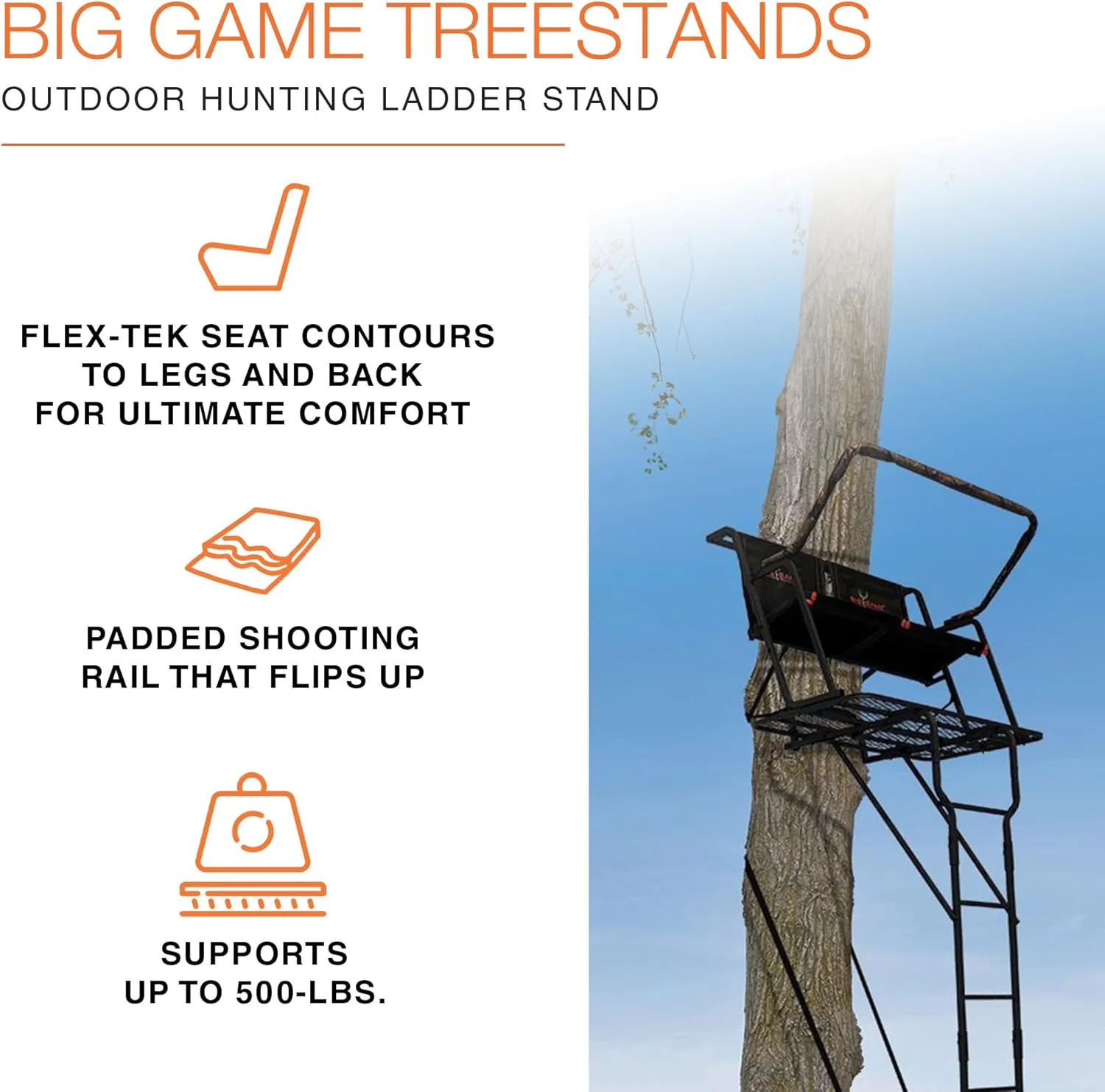 Big Game Striker XL Ladder Treestand 17.5 Foot Tall with Flip Back Seat, Padded Armrests, Deep Foot Platform, Ideal for Hunting and Shooting, Black