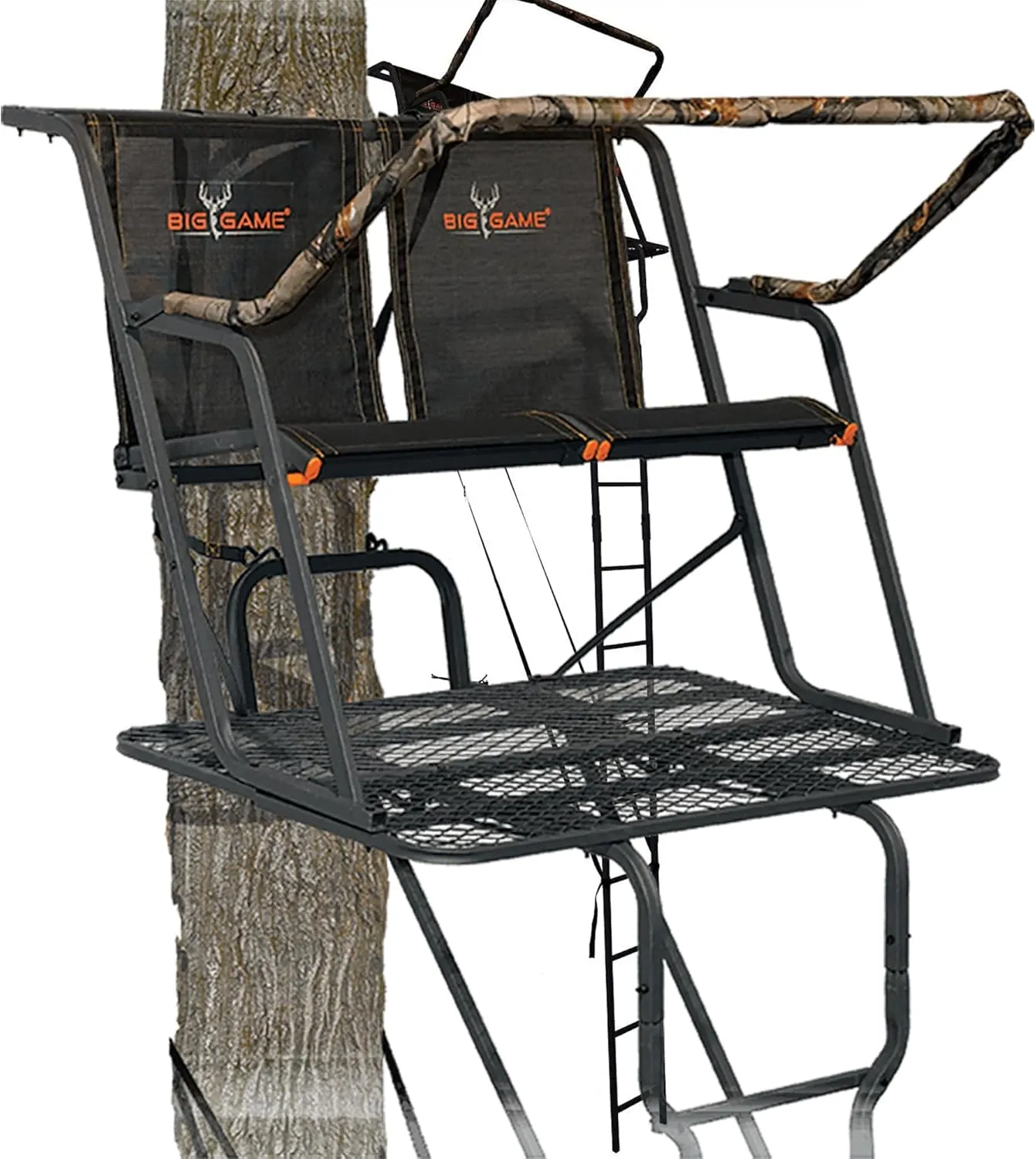 Big Game Striker XL Ladder Treestand 17.5 Foot Tall with Flip Back Seat, Padded Armrests, Deep Foot Platform, Ideal for Hunting and Shooting, Black