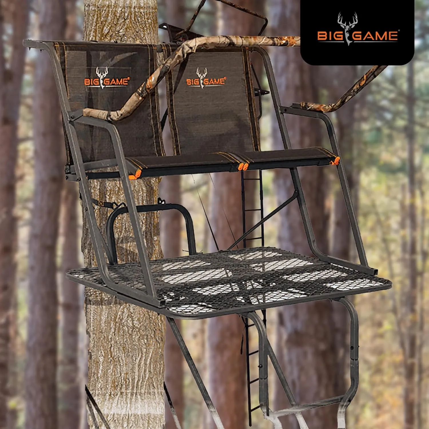 Big Game Striker XL Ladder Treestand 17.5 Foot Tall with Flip Back Seat, Padded Armrests, Deep Foot Platform, Ideal for Hunting and Shooting, Black