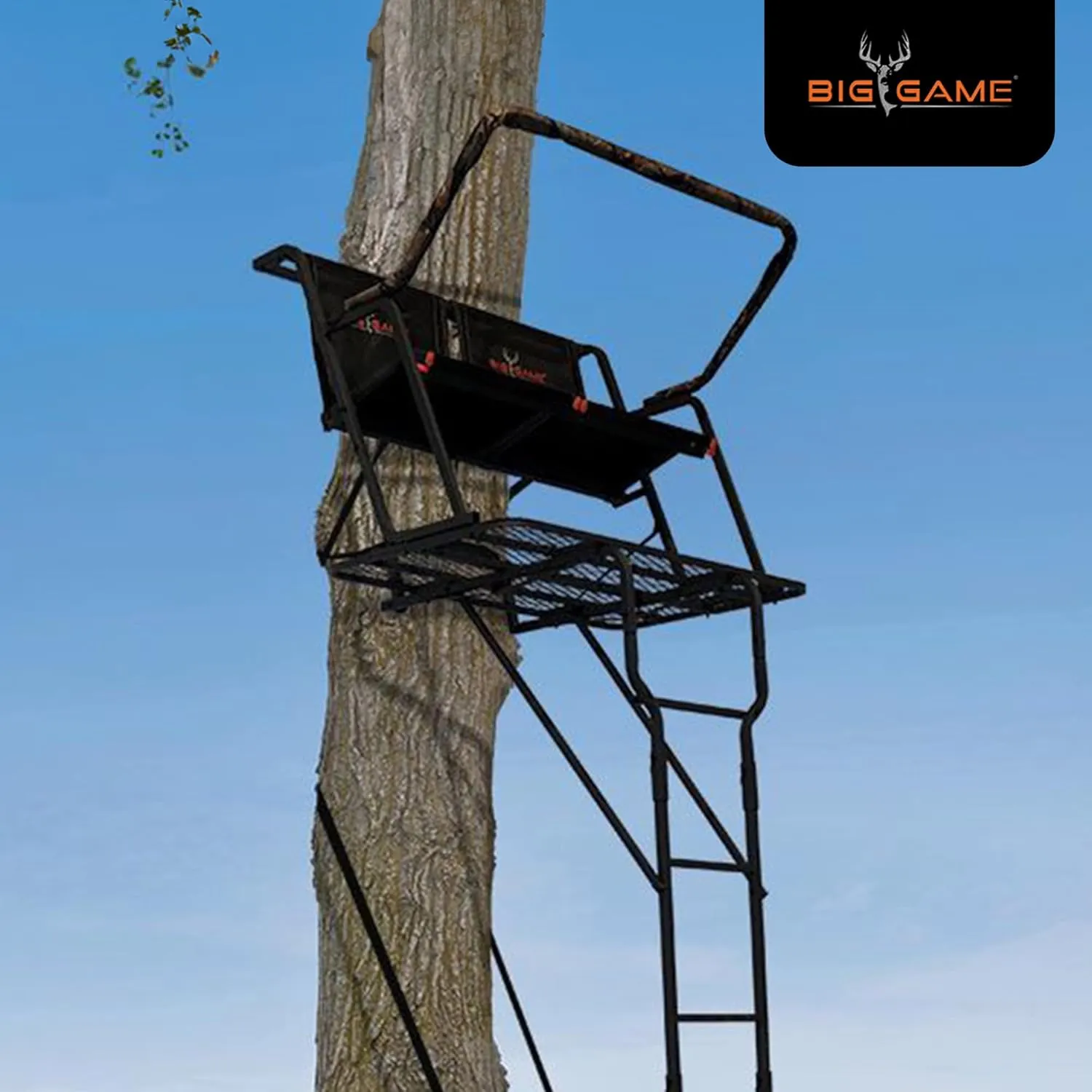Big Game Striker XL Ladder Treestand 17.5 Foot Tall with Flip Back Seat, Padded Armrests, Deep Foot Platform, Ideal for Hunting and Shooting, Black