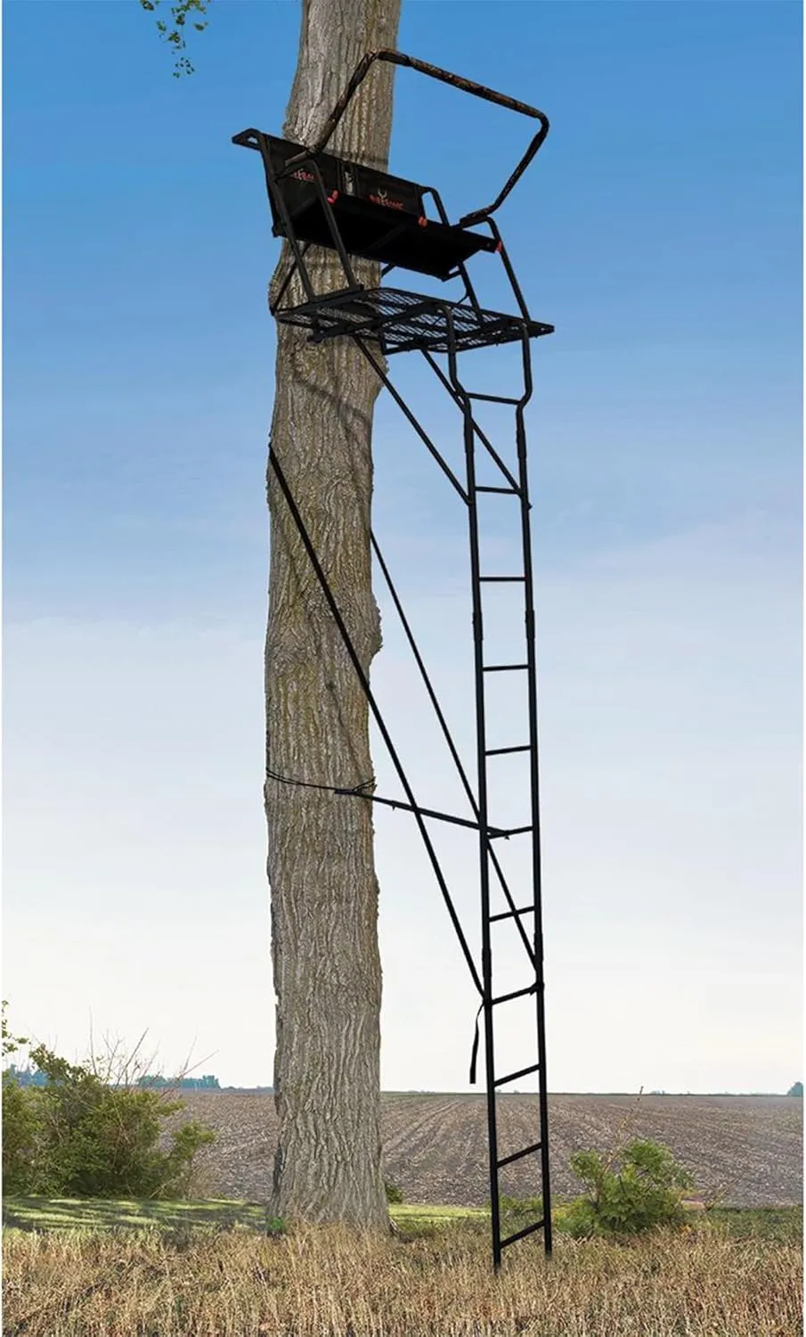 Big Game Striker XL Ladder Treestand 17.5 Foot Tall with Flip Back Seat, Padded Armrests, Deep Foot Platform, Ideal for Hunting and Shooting, Black