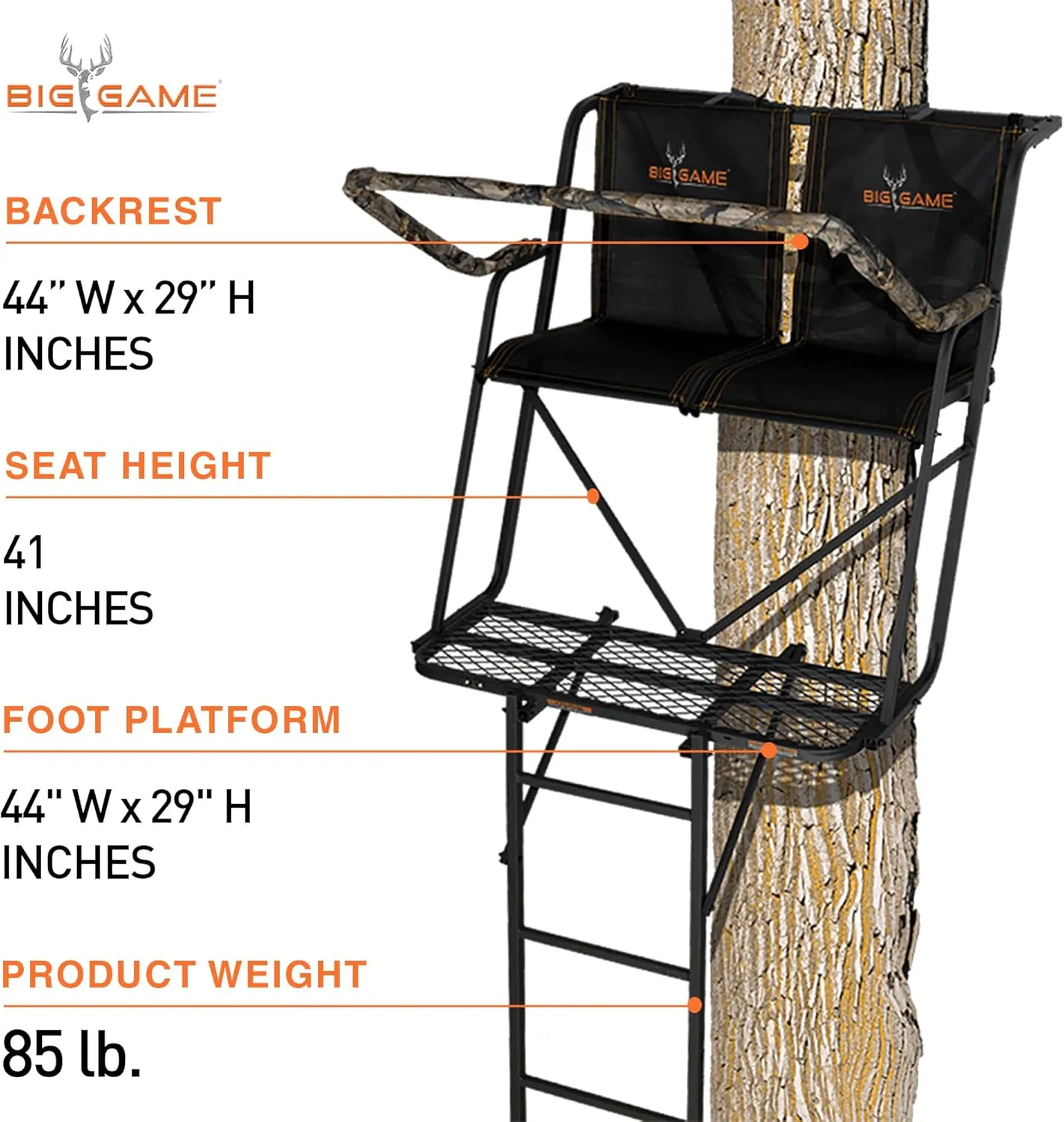 Big Game Striker XL Ladder Treestand 17.5 Foot Tall with Flip Back Seat, Padded Armrests, Deep Foot Platform, Ideal for Hunting and Shooting, Black