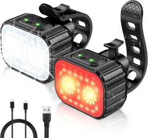 Bike Lights, Rechargeable Bicycle Lights Set Super Bright 8 12 Modes, IPX6 Waterproof Bike Lights for Night Riding/Cycling Safety, Front and Back Taillight Reflectors, 58 Hrs Long Battery Life