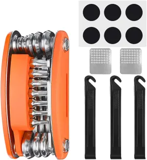 Bike Multi Tool Kit Carbon Steel 20 in 1 Repair Tool Portable Collapsible Mountain Bike Repair Tool Kit Bicycle Essentials with Bicycle Puncture Repair Kit Tire Patch Tire Lever Metal Files
