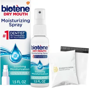 Biotene moisturizing Spray- for Dry Mouth, Breath Freshening Gentle Mint, 1.5 oz, for Adults & Children (Pack of 1), Set by Basket Goods