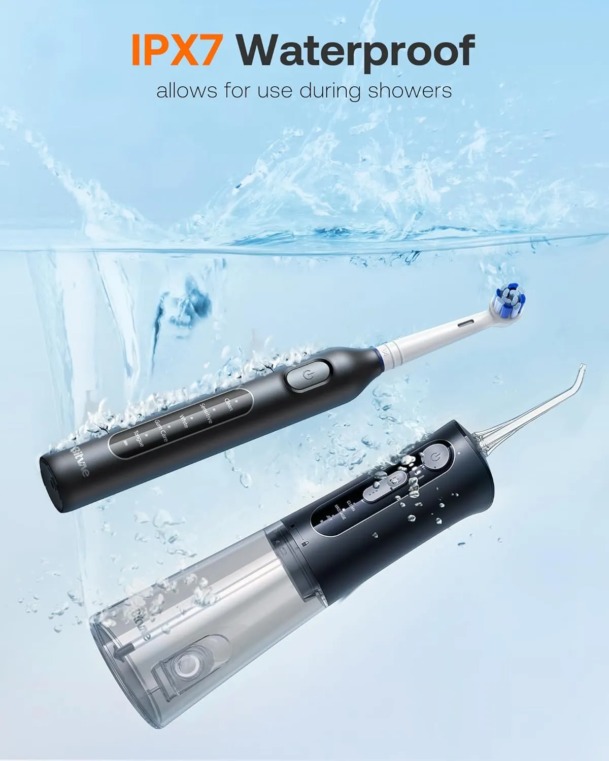 Bitvae Water Dental Flosser Teeth Picks, Cordless Water Flosser for Teeth, Braces, Dental Care and Rechargeable Rotary Electric Toothbrush Combo Set, 4 Tips, 4 Brush Heads, Waterproof, Black, C5 R1
