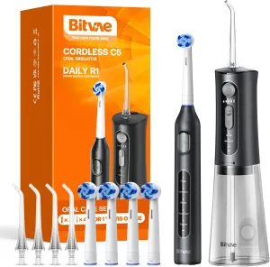 Bitvae Water Dental Flosser Teeth Picks, Cordless Water Flosser for Teeth, Braces, Dental Care and Rechargeable Rotary Electric Toothbrush Combo Set, 4 Tips, 4 Brush Heads, Waterproof, Black, C5 R1