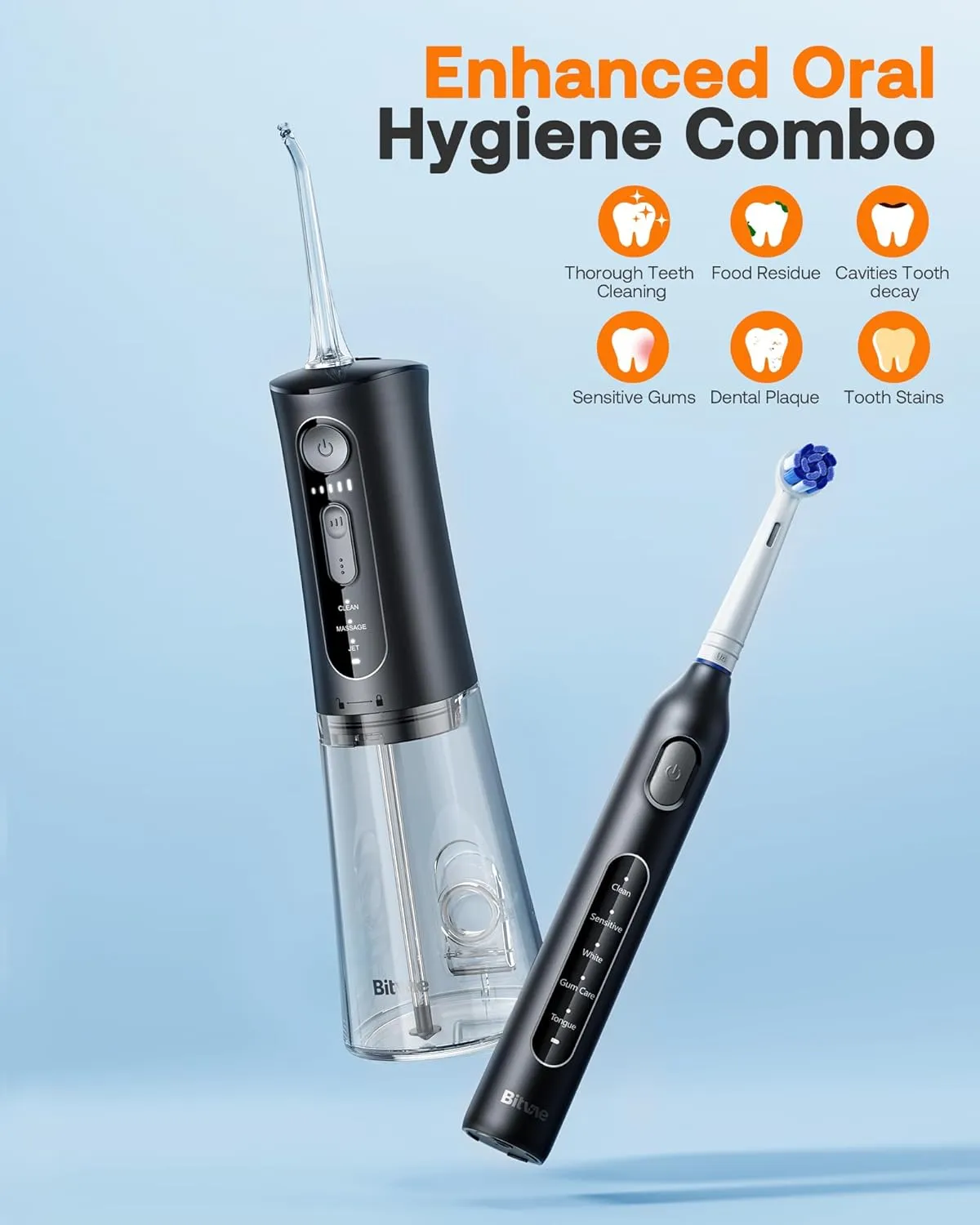 Bitvae Water Dental Flosser Teeth Picks, Cordless Water Flosser for Teeth, Braces, Dental Care and Rechargeable Rotary Electric Toothbrush Combo Set, 4 Tips, 4 Brush Heads, Waterproof, Black, C5 R1