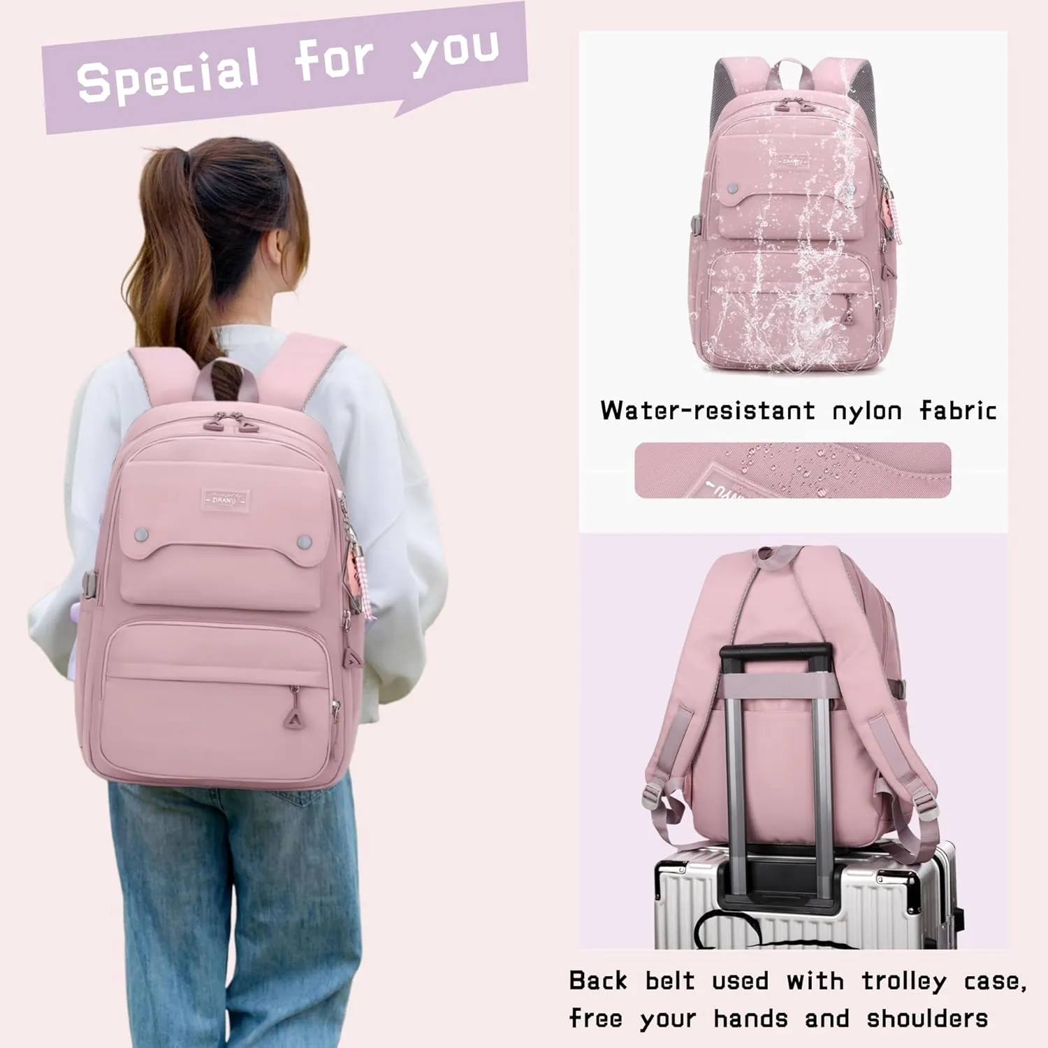 Black Kids Backpack for Girls, Middle School Bag Teen Girls Backpack Multi-Pocket Bookbags