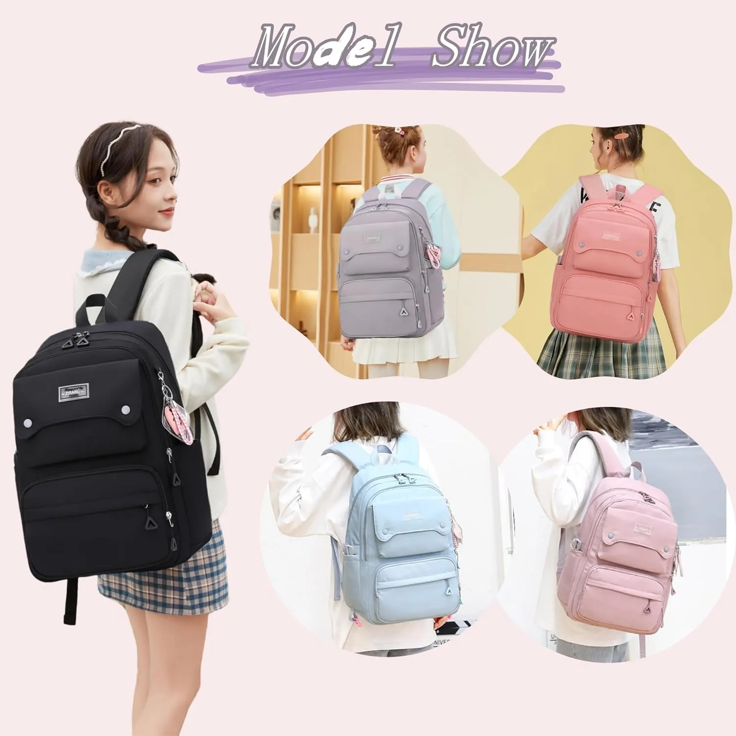 Black Kids Backpack for Girls, Middle School Bag Teen Girls Backpack Multi-Pocket Bookbags