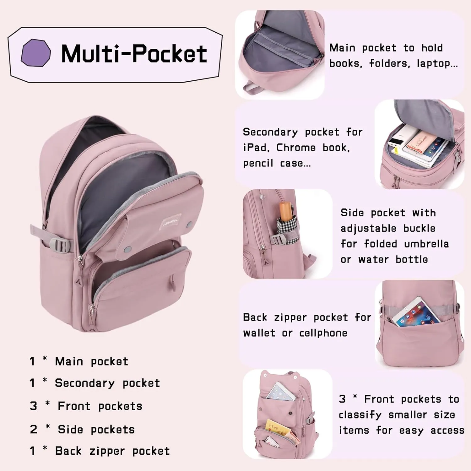 Black Kids Backpack for Girls, Middle School Bag Teen Girls Backpack Multi-Pocket Bookbags