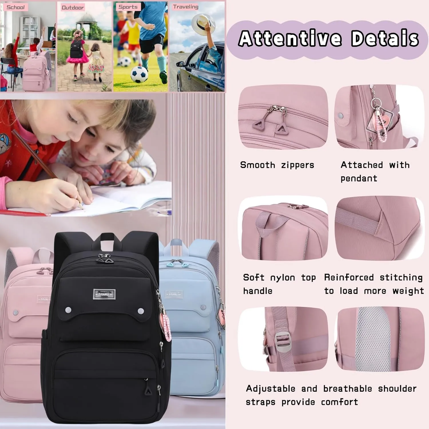 Black Kids Backpack for Girls, Middle School Bag Teen Girls Backpack Multi-Pocket Bookbags