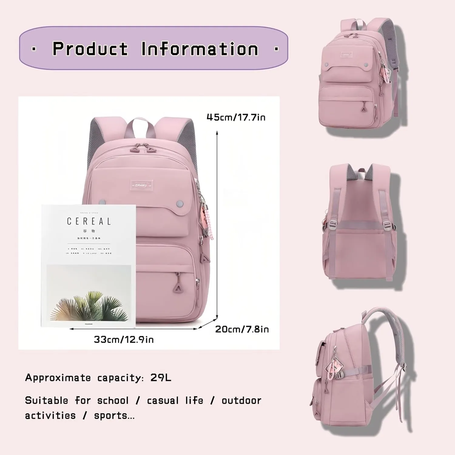Black Kids Backpack for Girls, Middle School Bag Teen Girls Backpack Multi-Pocket Bookbags