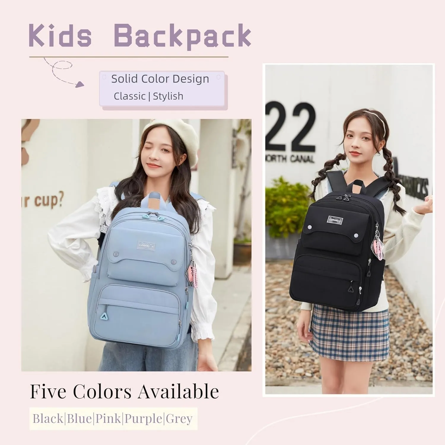 Black Kids Backpack for Girls, Middle School Bag Teen Girls Backpack Multi-Pocket Bookbags