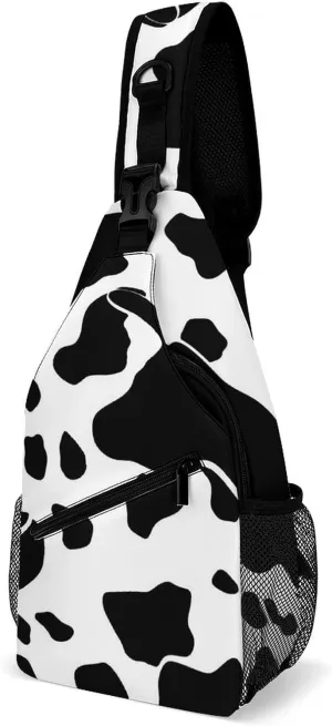 Black White Cow Sling Bag with Rfid Blocking Causal Mens Crossbody Bag Lightweight Chest Pack Large Man Purse Travel Crossbody Backpack Shoulder Sling Backpack for Hiking Running Cycling