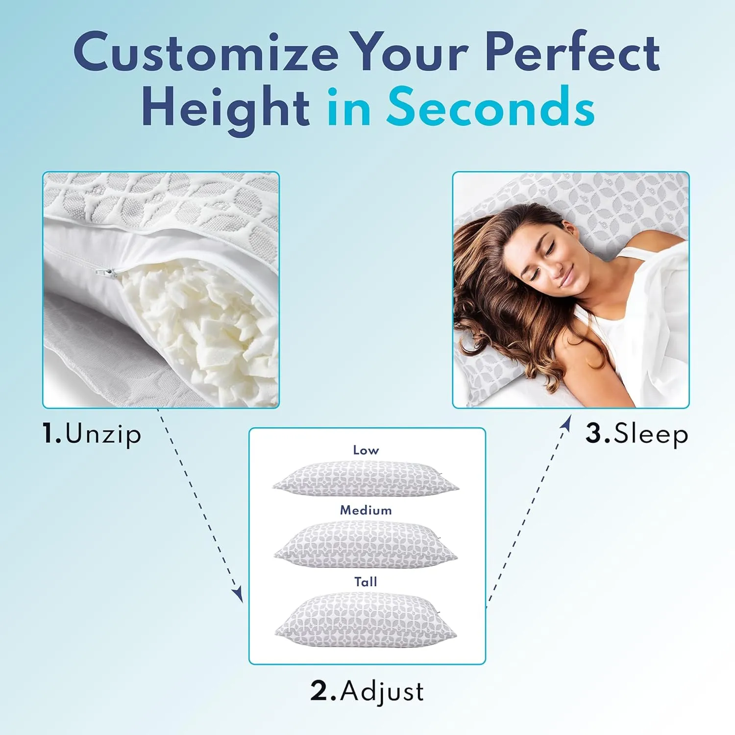 BLISSY 100% Adjustable Memory Foam Pillow with Cooling Technology (Queen Size) - Oeko-TEX & CertiPUR-US - Cooling Shredded Memory Foam Neck & Body Bed Pillow for Stomach, Side & Back Sleeping