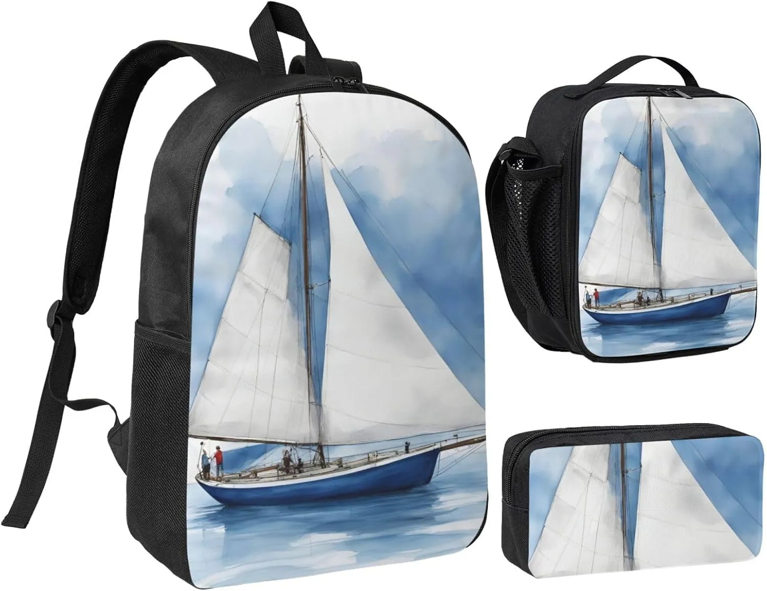 Blue Sailboat 1 print Backpack 3pcs Set Including 17 Inch Large BookBag With Lunch Bag And Practical Pen Bag