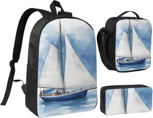 Blue Sailboat 1 print Backpack 3pcs Set Including 17 Inch Large BookBag With Lunch Bag And Practical Pen Bag