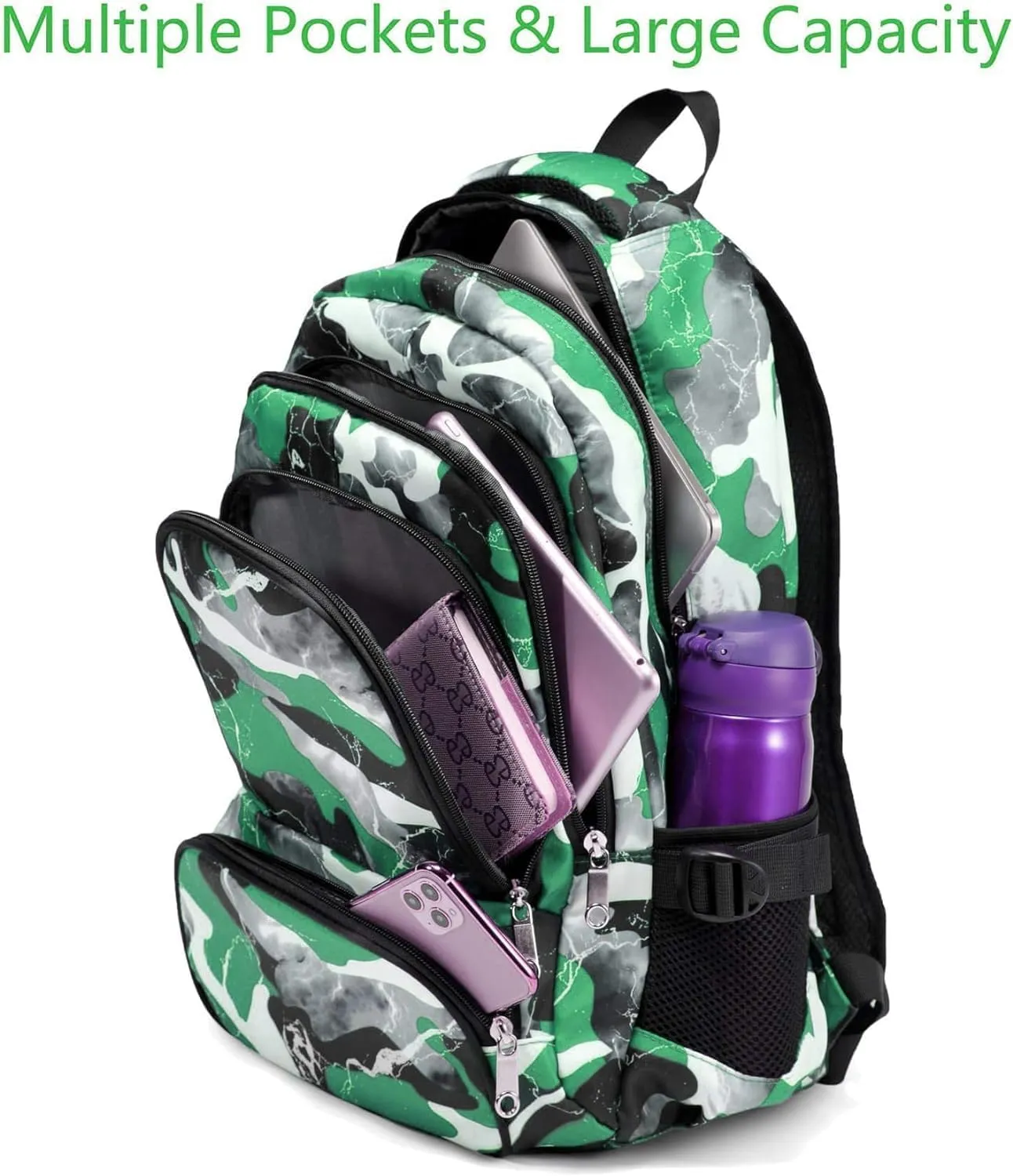 BLUEFAIRY Boys Backpack Set with Lunch Bag for Kids Elementary Middle School BookBags for Teens Child Back to School Gifts Large Campartments Lots of Pockets Camo Green