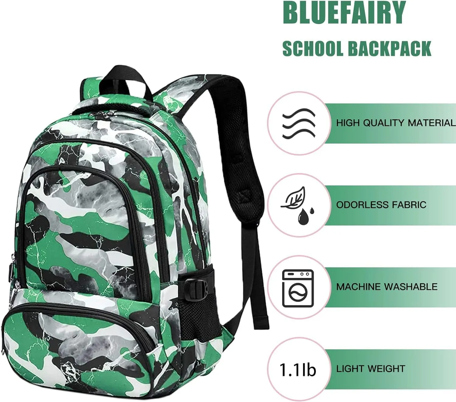 BLUEFAIRY Boys Backpack Set with Lunch Bag for Kids Elementary Middle School BookBags for Teens Child Back to School Gifts Large Campartments Lots of Pockets Camo Green