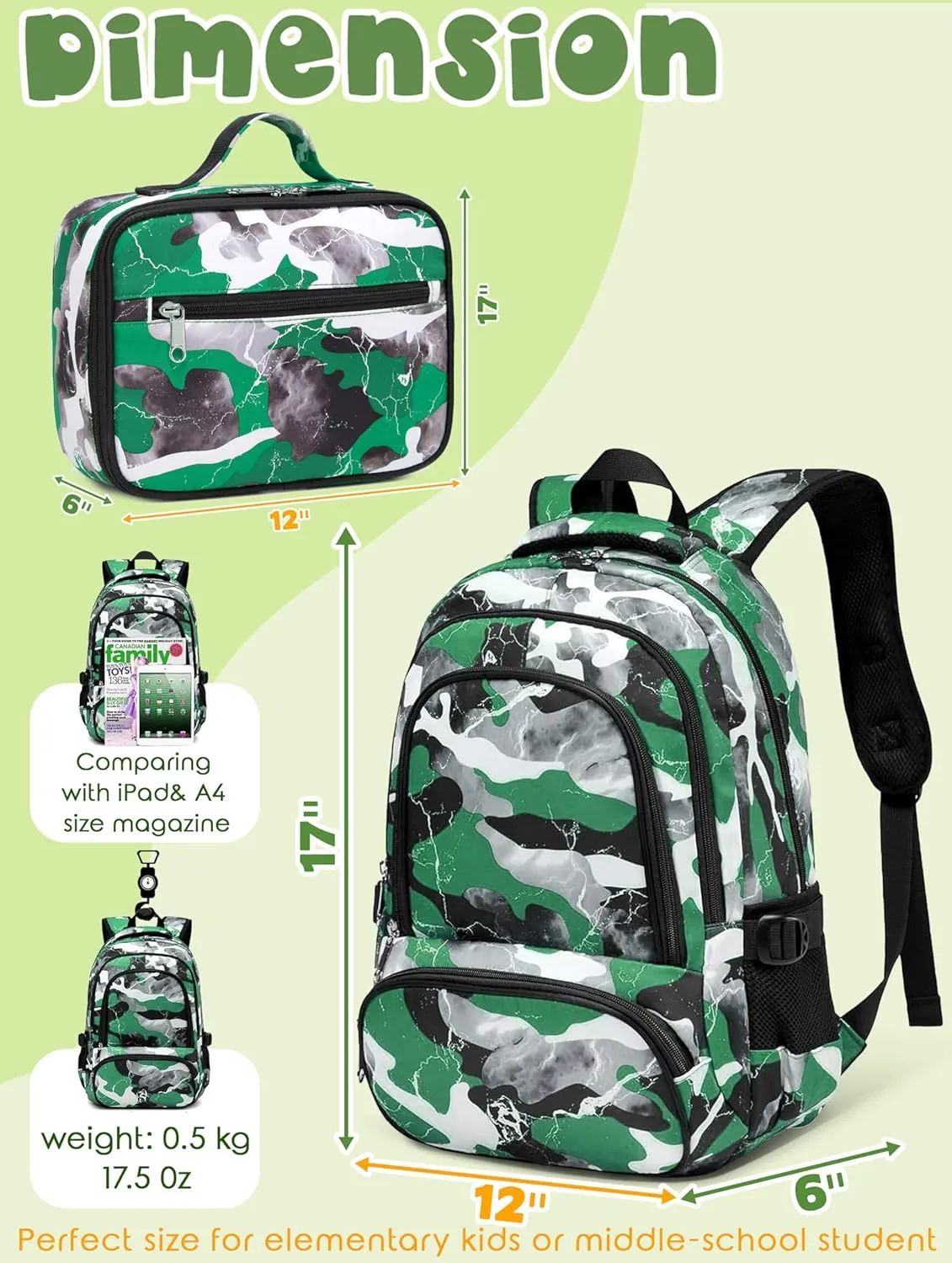 BLUEFAIRY Boys Backpack Set with Lunch Bag for Kids Elementary Middle School BookBags for Teens Child Back to School Gifts Large Campartments Lots of Pockets Camo Green