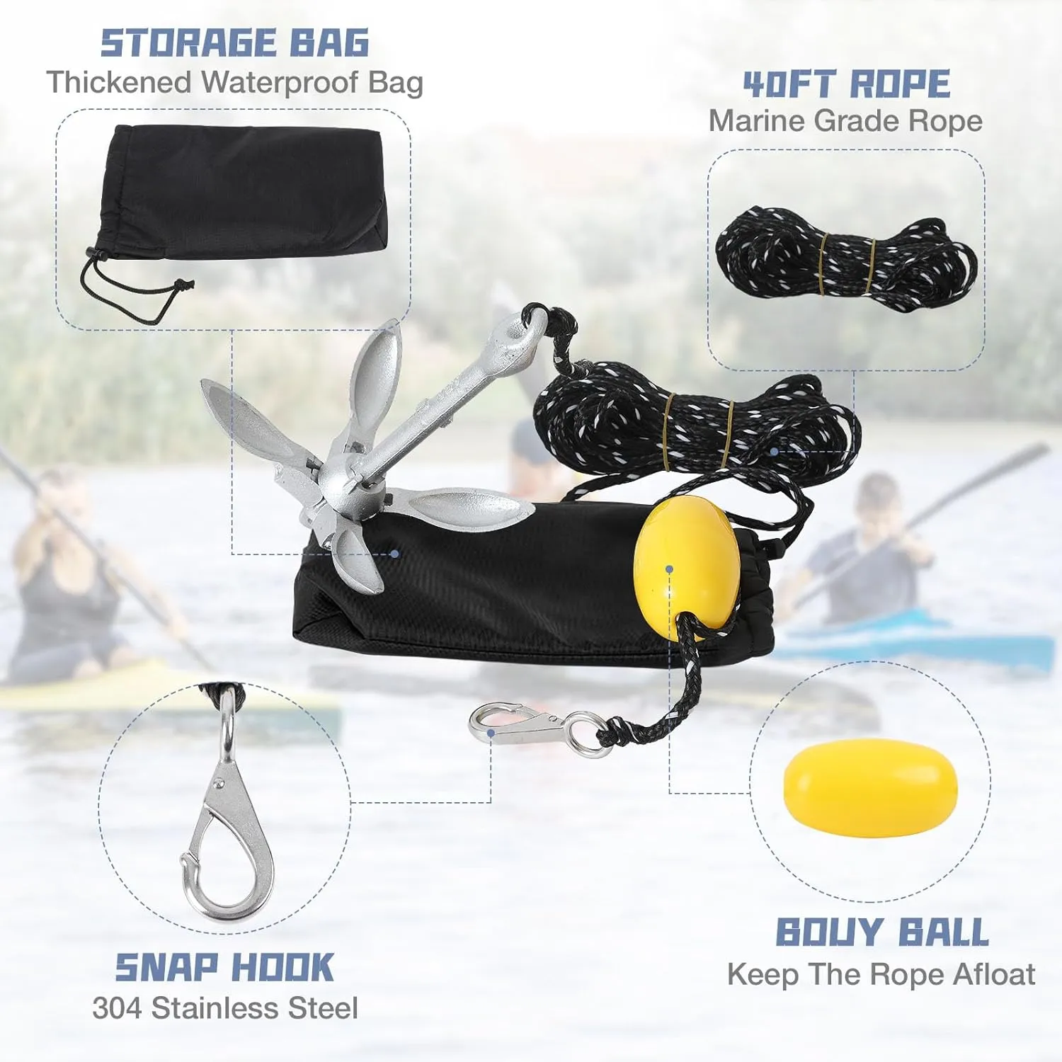 Boat Kayak Anchor Kit 40ft Rope & Storage Bag - Accessories for Kayaks, Canoes, SUP Boards, Small Boats, Jet Skis & PWCs