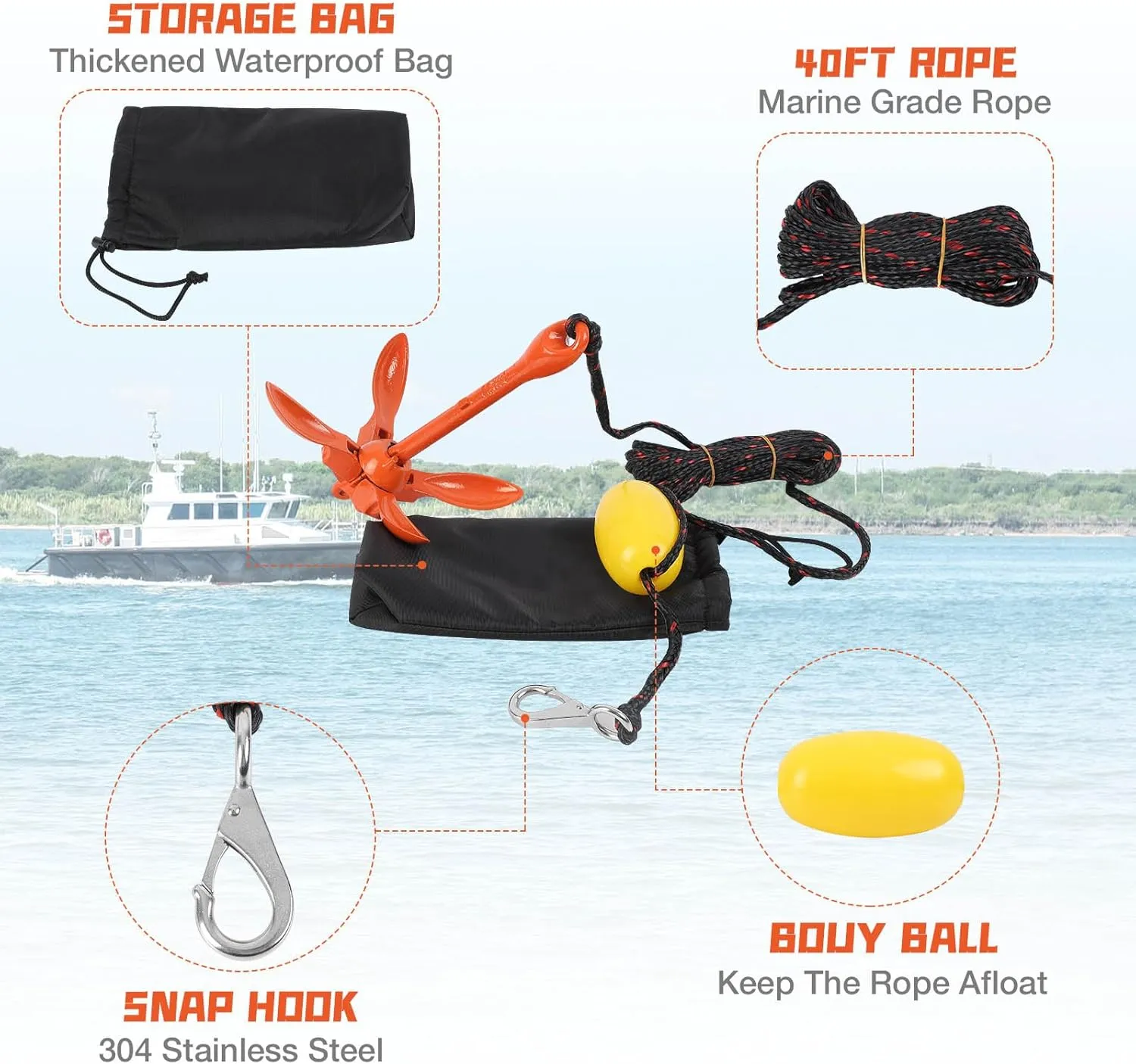 Boat Kayak Anchor Kit 40ft Rope & Storage Bag - Accessories for Kayaks, Canoes, SUP Boards, Small Boats, Jet Skis & PWCs