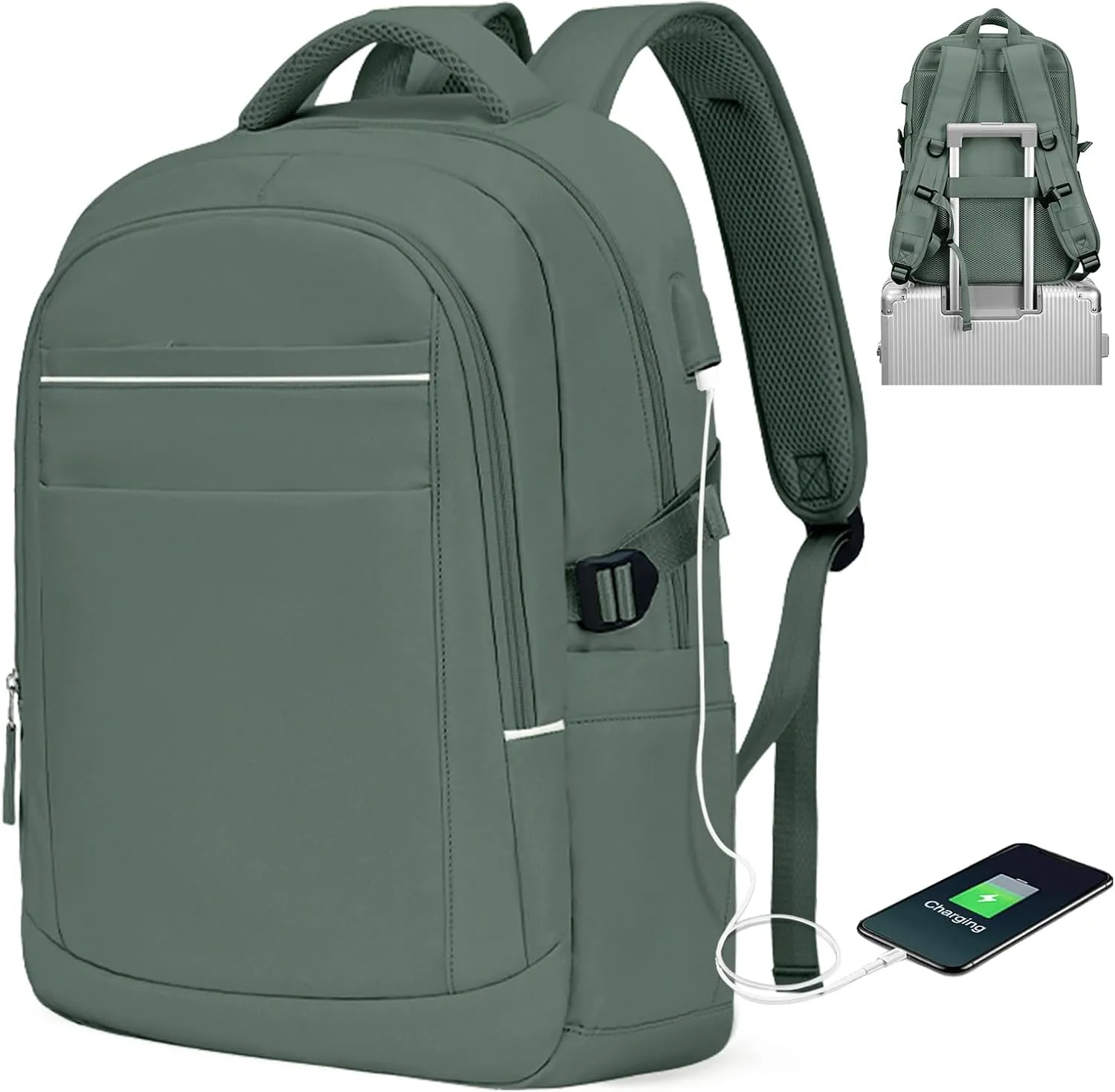 BOXSAM Travel Laptop Backpack for Women Men, Airline Flight Approved Carry on Backpack with Laptop Compartment,Casual Daypack College Personal item Bag with USB Port for Business, Green
