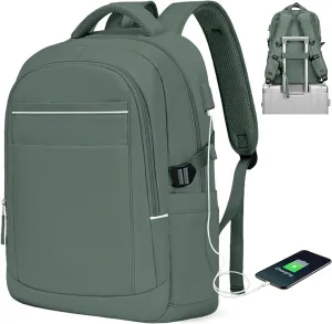 BOXSAM Travel Laptop Backpack for Women Men, Airline Flight Approved Carry on Backpack with Laptop Compartment,Casual Daypack College Personal item Bag with USB Port for Business, Green