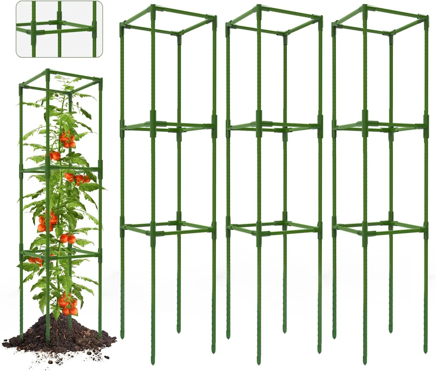 Breeze Touch 3 Pack Square Tomato Support Cages, Up to 47 Inch Adjustable Tomato Trellis for Garden & Pots, Small Plant Cages, Plant Support for Climbing Vegetables, Flowers, Beans, Cucumber Peony