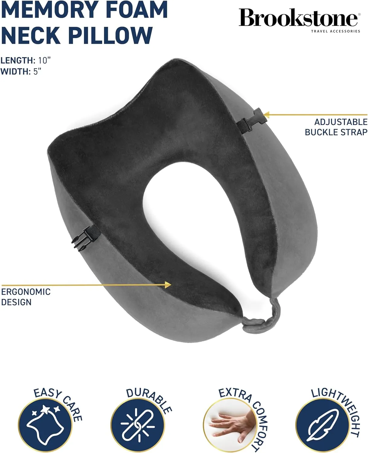 Brookstone Memory Foam Neck Travel Pillow Set - Portable Lightweight U-Shaped Stuffable Travel Neck Pillow for Car, Airplane Travels and Sleep, Grey/Black
