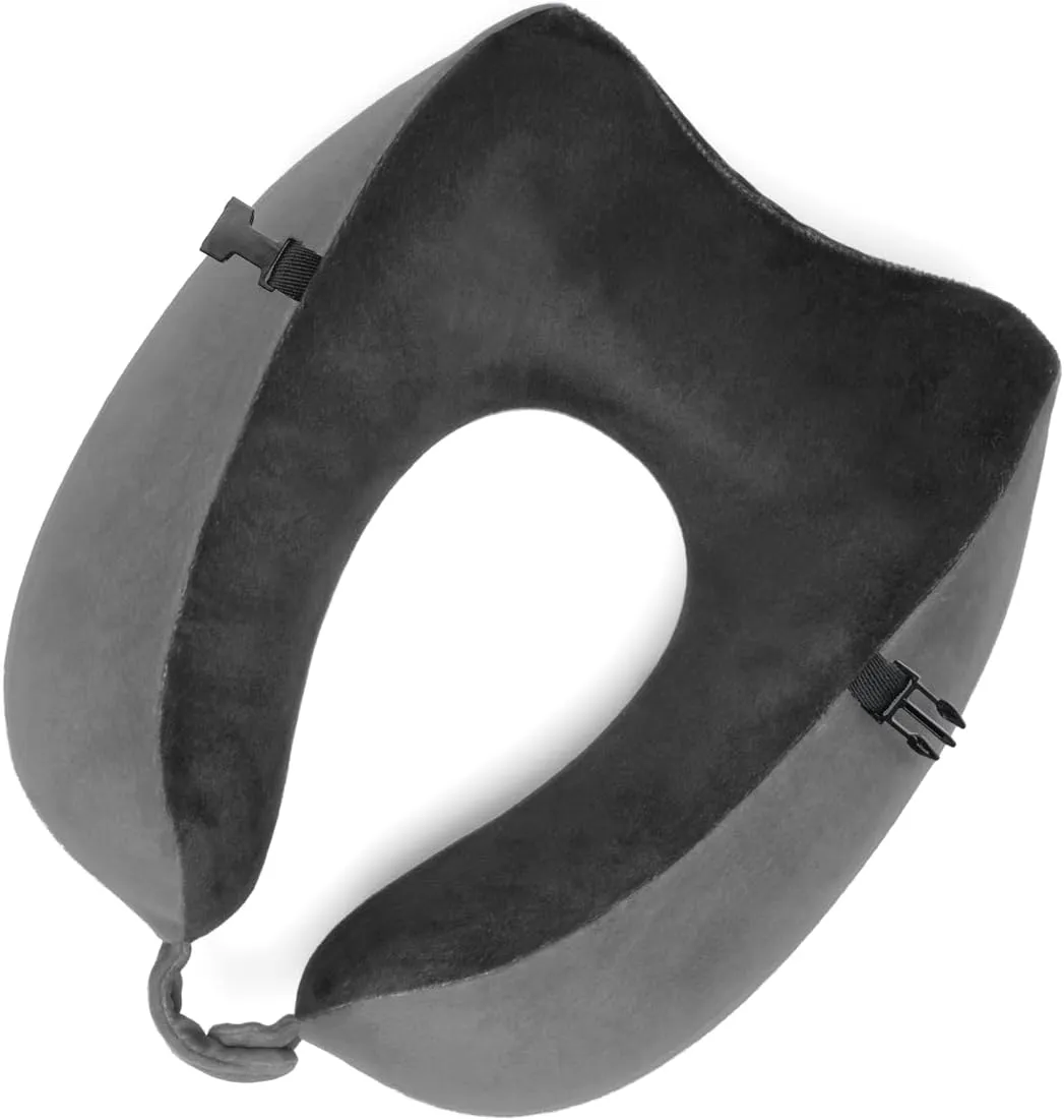 Brookstone Memory Foam Neck Travel Pillow Set - Portable Lightweight U-Shaped Stuffable Travel Neck Pillow for Car, Airplane Travels and Sleep, Grey/Black