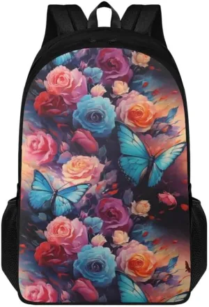 Butterfly Floral Print Backpack for Business Cartoon Colorful Butterflies Flower Painting Travel Business College Stylish Daypack Bag Men & Women Carry on Backpacks