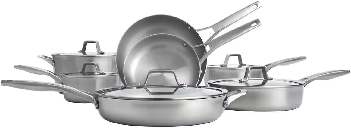 Calphalon Premier Stainless steel superior even heating. 3 Ply metal construction, Ergonomic Handles stay cool. Oven, Gas, Electric, Glass top, and Induction safe.