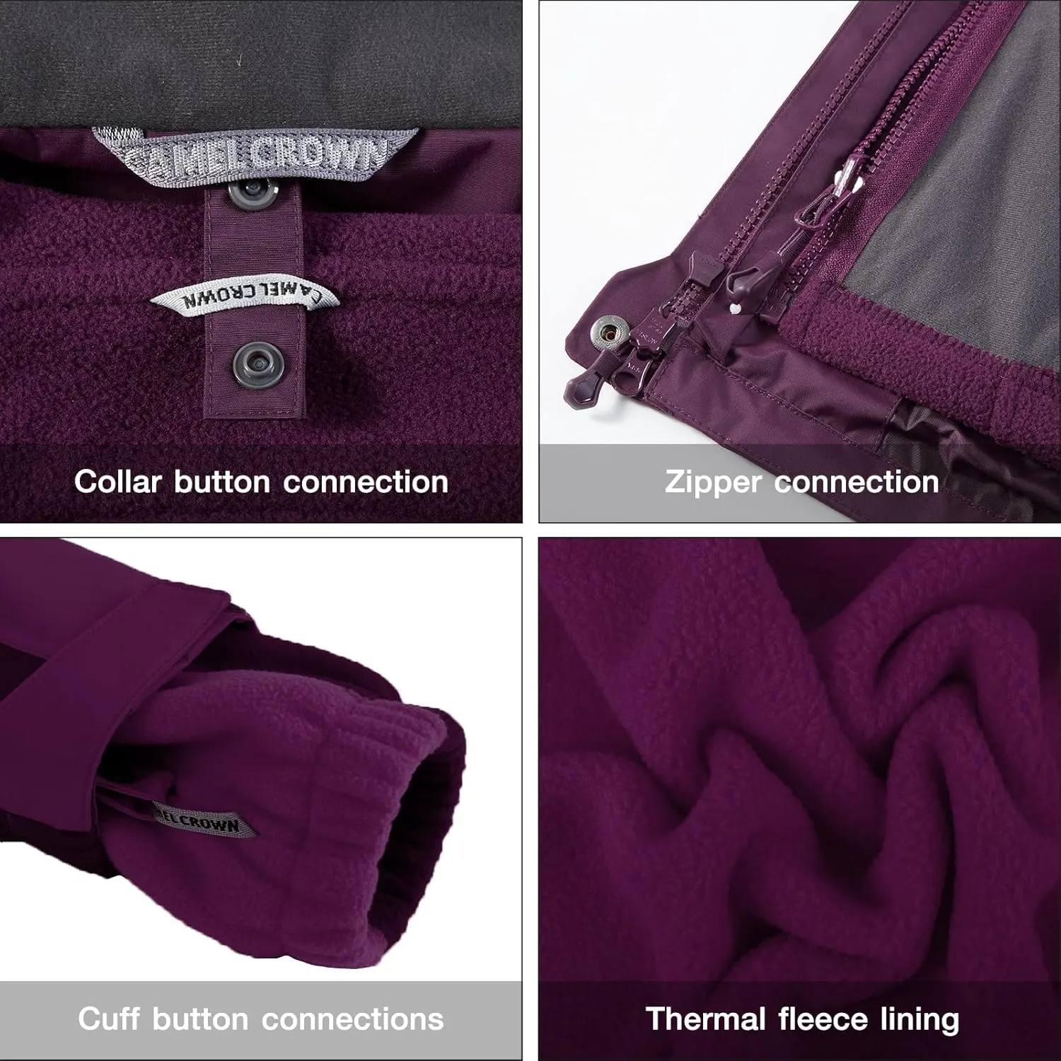 CAMEL CROWN Women's Purple Ski Jacket 3 in 1 Winter Coat with Inner Warm Fleece Jacket, Size L, XL