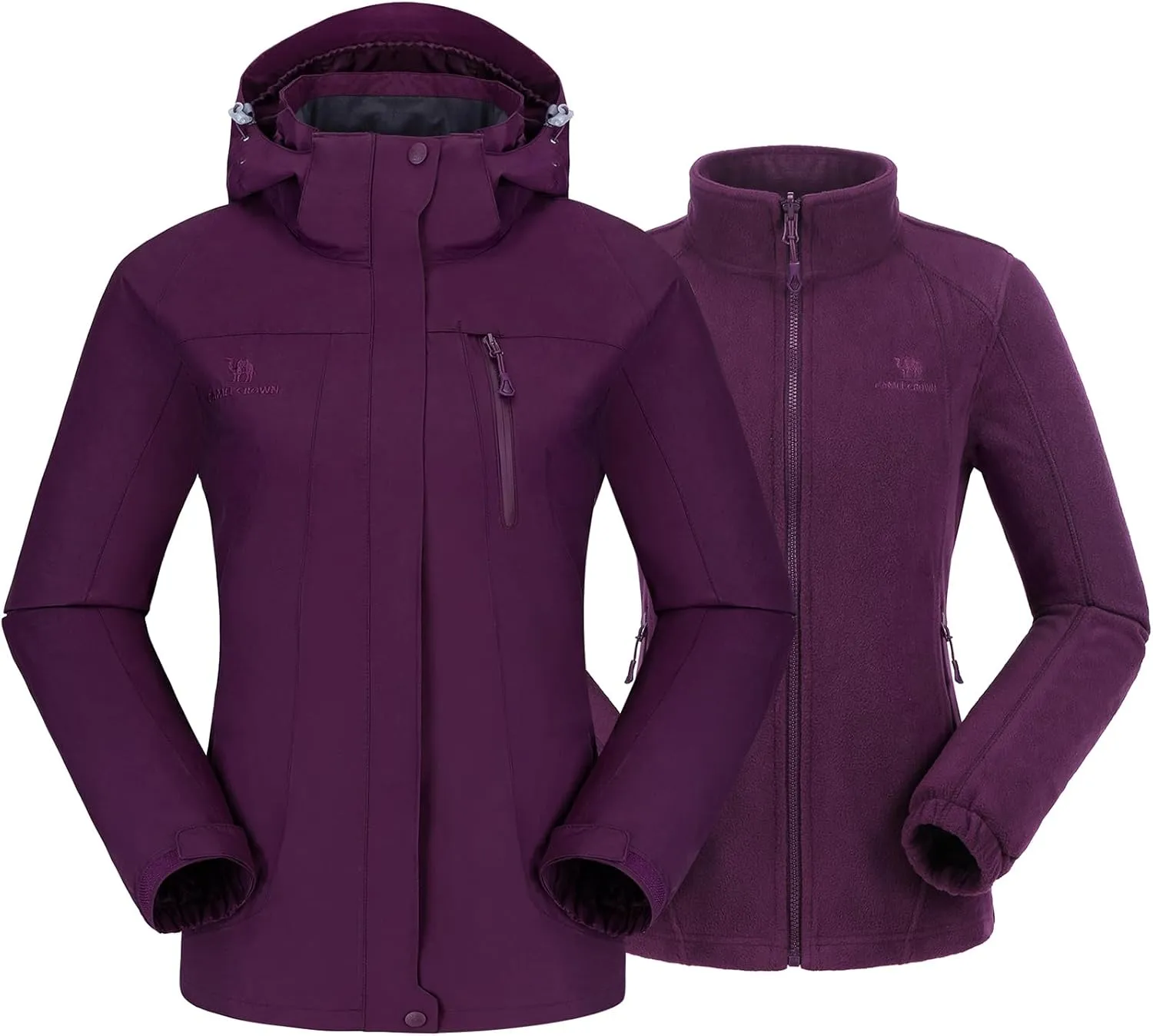 CAMEL CROWN Women's Purple Ski Jacket 3 in 1 Winter Coat with Inner Warm Fleece Jacket, Size L, XL