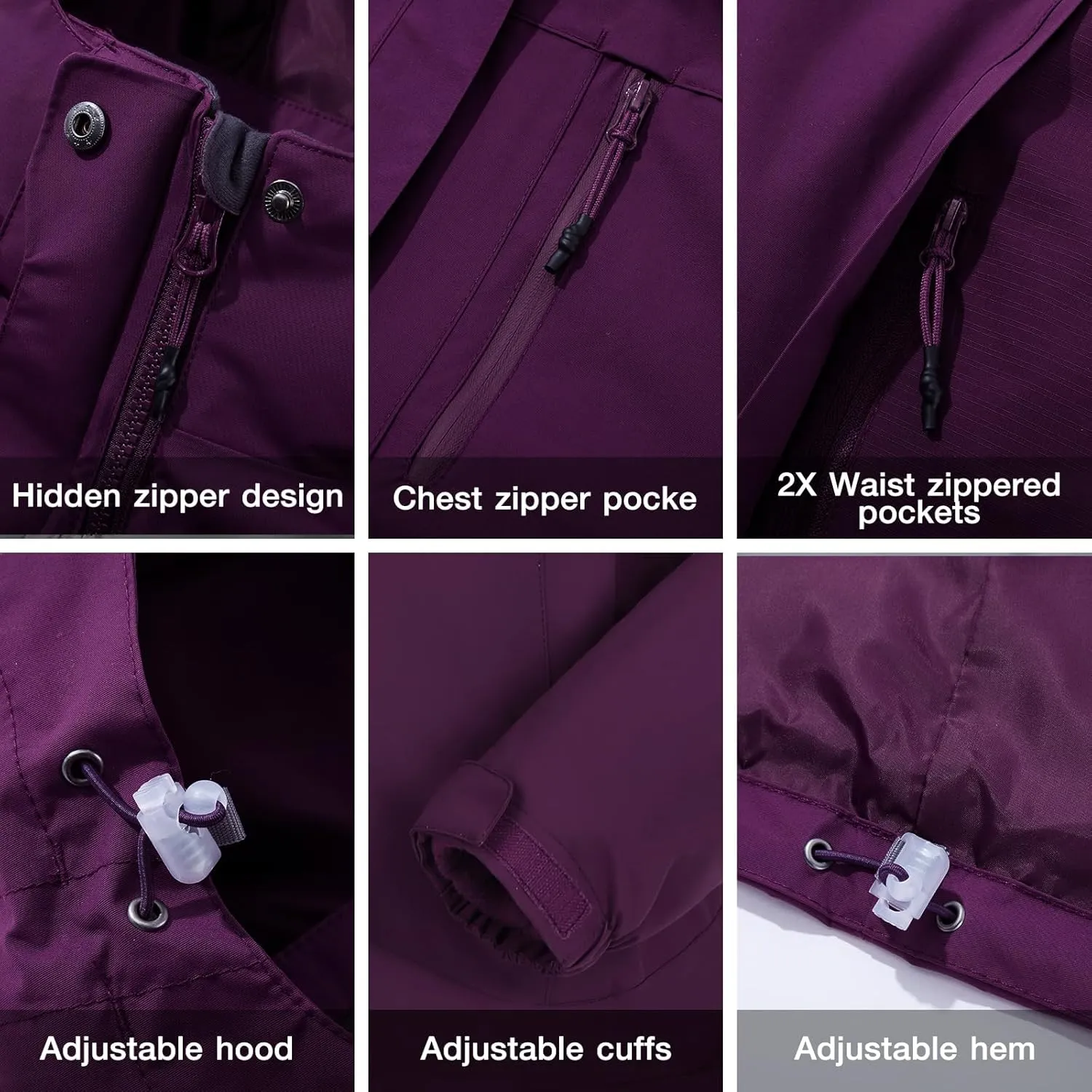CAMEL CROWN Women's Purple Ski Jacket 3 in 1 Winter Coat with Inner Warm Fleece Jacket, Size L, XL
