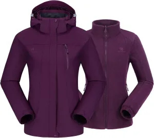 CAMEL CROWN Women's Purple Ski Jacket 3 in 1 Winter Coat with Inner Warm Fleece Jacket, Size L, XL