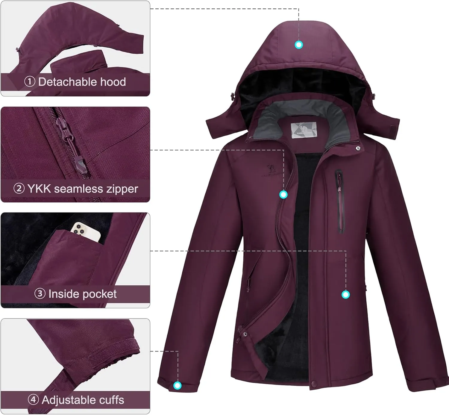 CAMEL Women's Warm Winter Ski Jackets Waterproof Snow Coat with Hood Mountain Windproof Rain Jacket