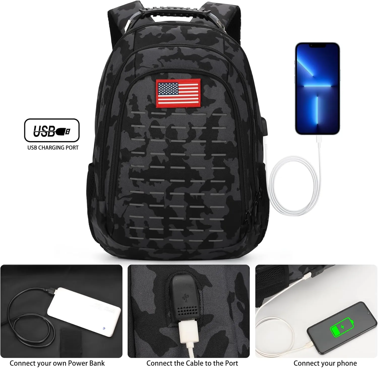 Camo Backpack for boys, Teen Boys Backpacks for School,Camo Bookbag for kid,Small Tactica Backpack for outdoor,with USB Charging Port,40L