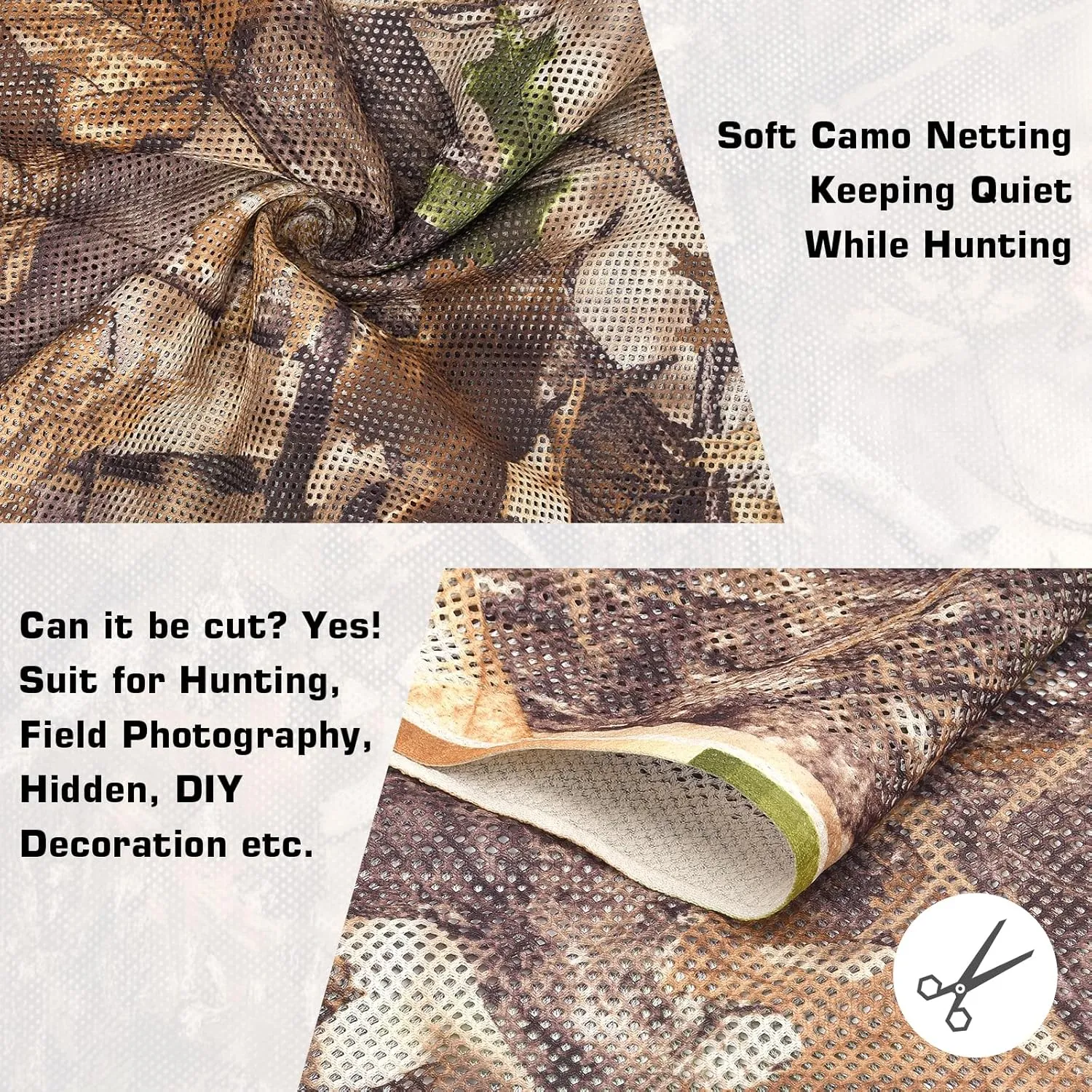 Camo Netting Camouflage Netting, Quiet Camo Mesh Netting Clear View Camo Hunting Blind for Concealment, Tree Stand, Hunting, Sunshade, Decoration, Shooting, Car Cover