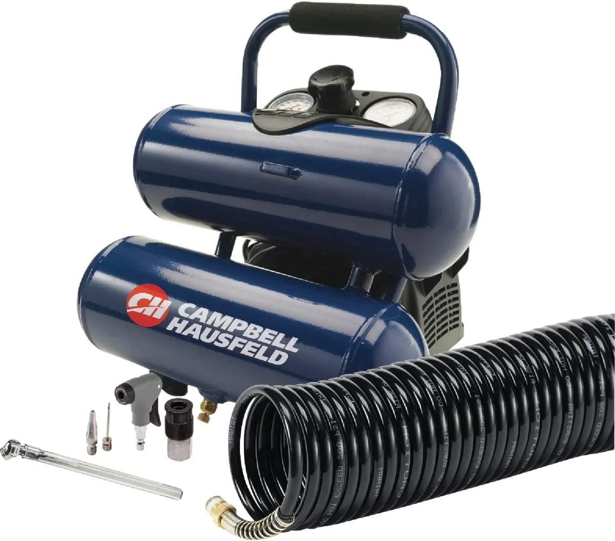 CAMPBELL HAUSFELD 2 Gallon Portable Twin Stack Air Compressor, 125 PSI, Oil-Free Design, Inflation Starter Kit Included, Reliable Twin Stack Air Compressor for Home Use and DIY Projects