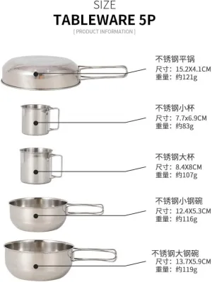 Camping Cookware Set Utensils Stainless Steel Bowl with Foldable Handle Outdoor Hiking Picnic Cooking Pot Cup Tableware