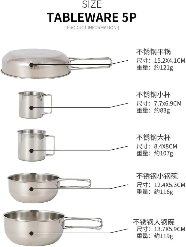 Camping Cookware Set Utensils Stainless Steel Bowl with Foldable Handle Outdoor Hiking Picnic Cooking Pot Cup Tableware