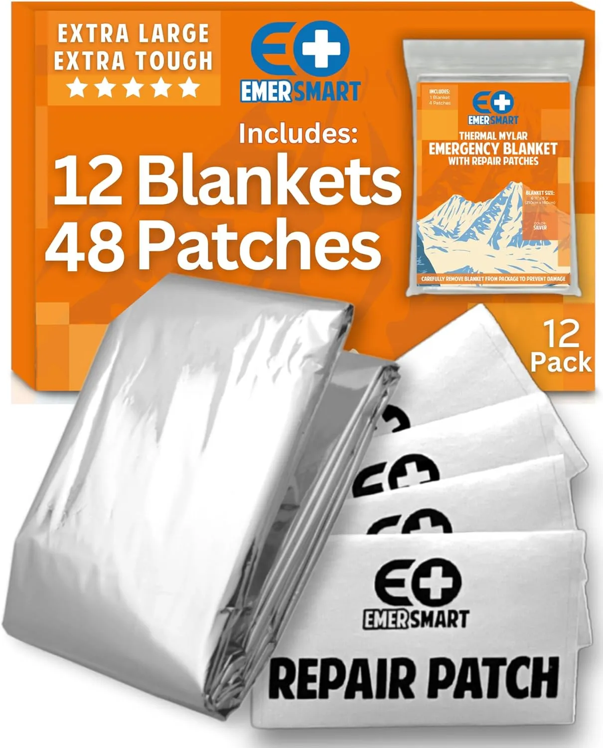 Camping Emergency Blanket for Survival with Repair Patches [12 Pack] - Emergency Mylar Thermal Blanket for Winter - Mylar Space Blanket Survival Blanket Extreme Cold - Emergency Mylar Blanket Bulk