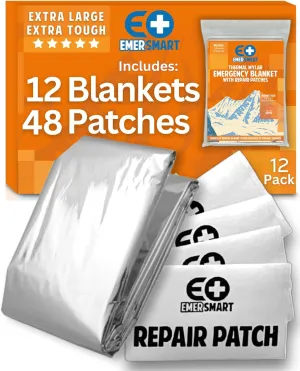 Camping Emergency Blanket for Survival with Repair Patches [12 Pack] - Emergency Mylar Thermal Blanket for Winter - Mylar Space Blanket Survival Blanket Extreme Cold - Emergency Mylar Blanket Bulk