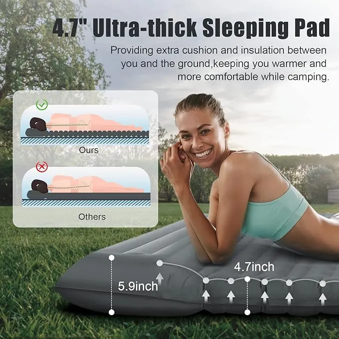 Camping Sleeping Pad, Extra Thickness 4.7 Inch Inflatable Sleeping Mat Lightweight Waterproof Camping with Built-in Pump Air Mattress for Backpacking, Hiking, Tent, Traveling