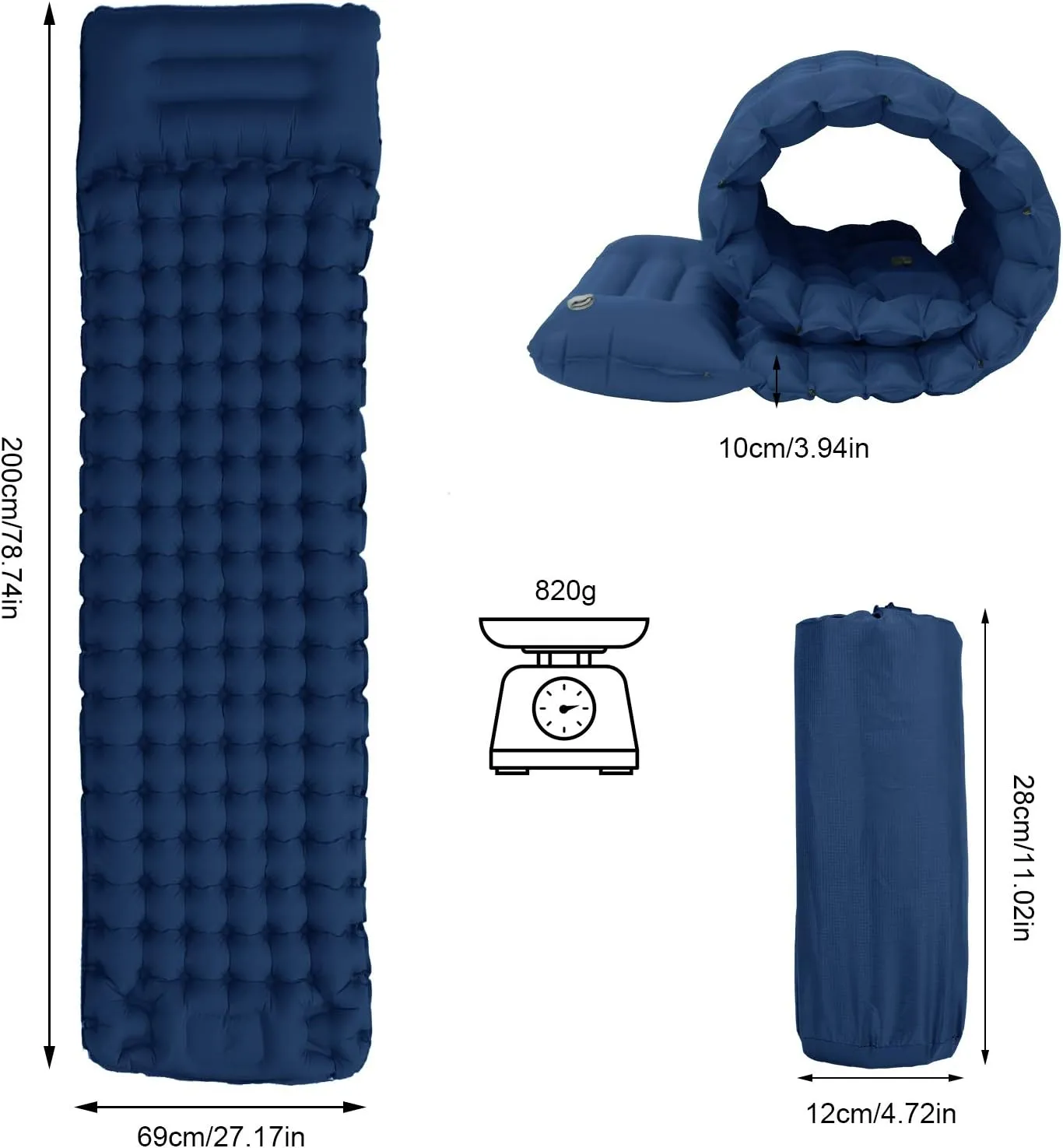 Camping Sleeping Pad, Foot Press Inflatable Sleeping Mat with Pillow, Hiking Air Mattress - Lightweight, Durable Waterproof Air Mattress Compact Hiking Pad - Upgrade Thickness (Navy Blue)