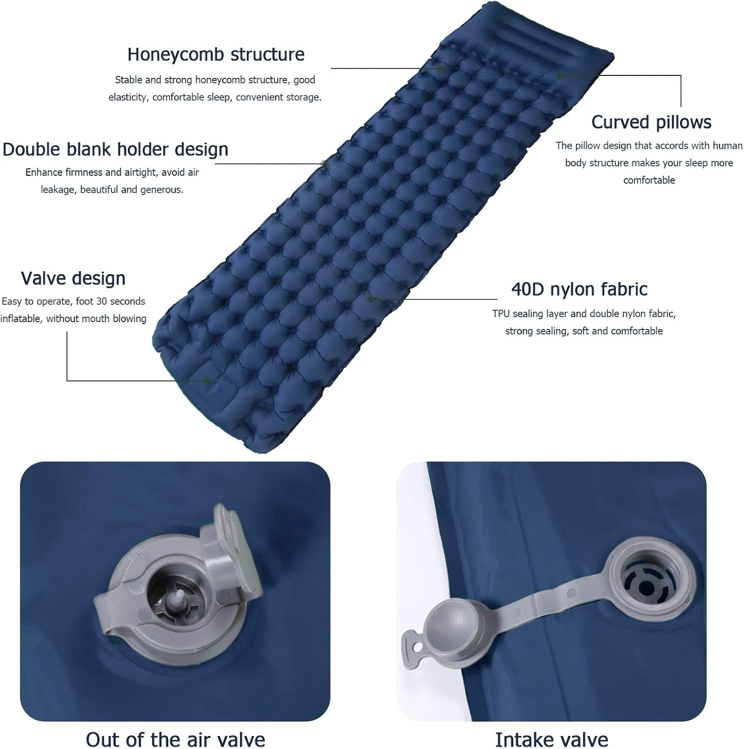 Camping Sleeping Pad, Foot Press Inflatable Sleeping Mat with Pillow, Hiking Air Mattress - Lightweight, Durable Waterproof Air Mattress Compact Hiking Pad - Upgrade Thickness (Navy Blue)