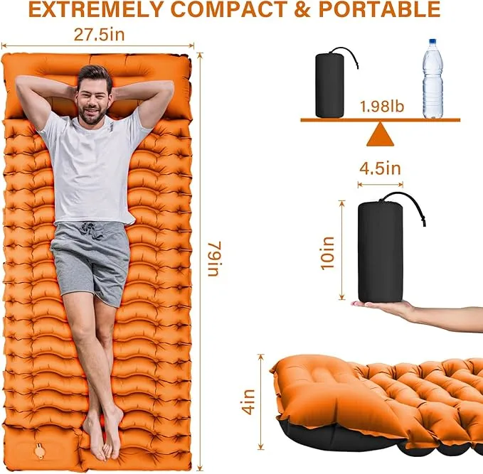 Camping Sleeping Pad, Ultralight Camping Mat with Pillow Built-in Foot Pump Inflatable Sleeping Pads Compact for Camping Backpacking Hiking Traveling - Orange